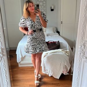 Zara animal print zebra belted black white Smocked Dress Bloggers Fave Medium
